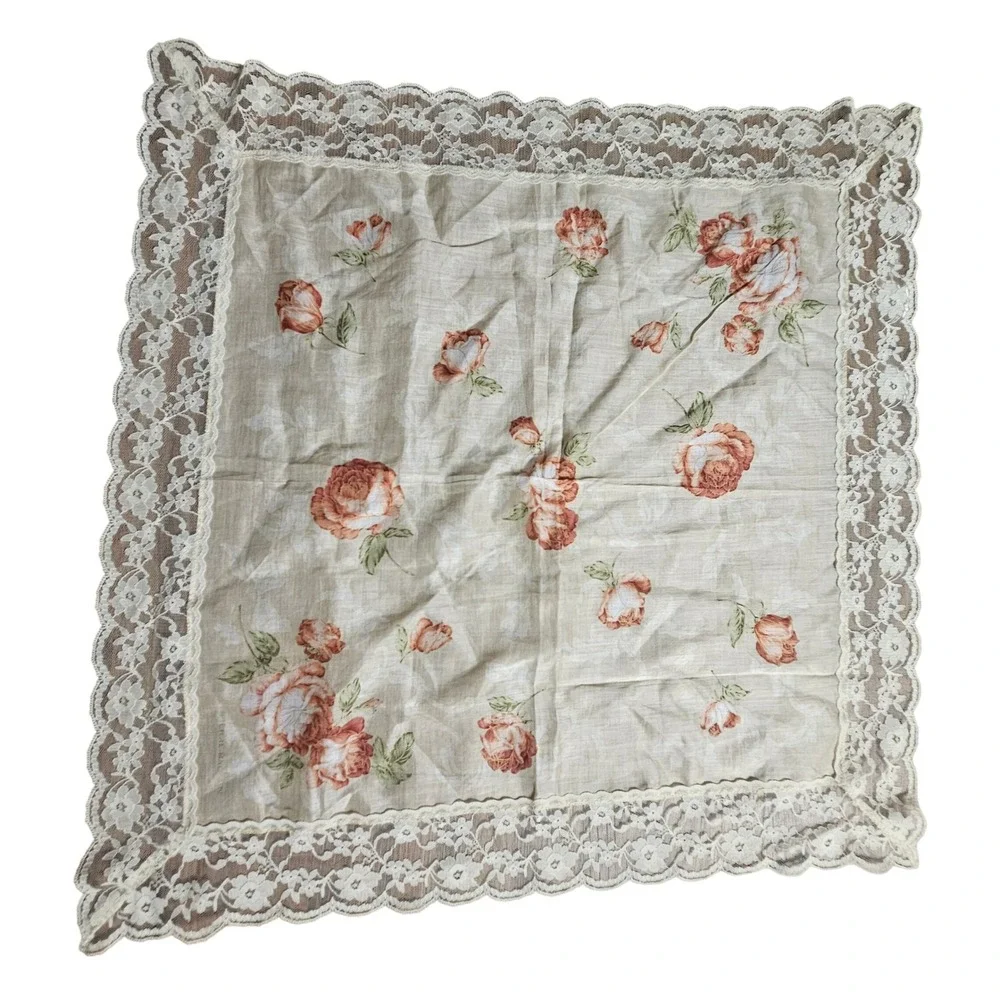 Vintage Pierre Balmain Floral Rose Handkerchief Lace Trim Scarf Quiet Luxury